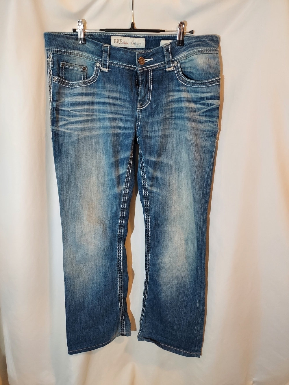 BKE Culture Mid Rise Bootcut Jeans Blue Distressed Thick Stitch Wash Size 32